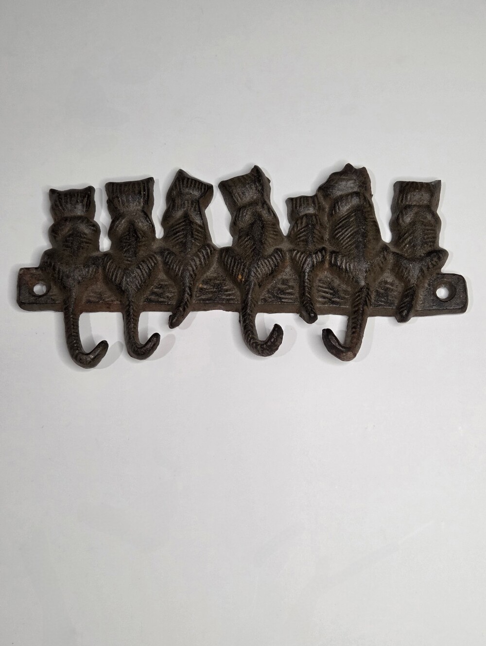 Cast Iron Cat Tail Wall Key Leash Hook Rack Holder Vintage Brown 4 Hooks